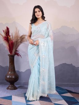 VAIRAGEE - Blue Net Embroidered Saree with Unstitched Blouse