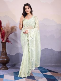 VAIRAGEE - Olive Net Embroidered Saree with Unstitched Blouse