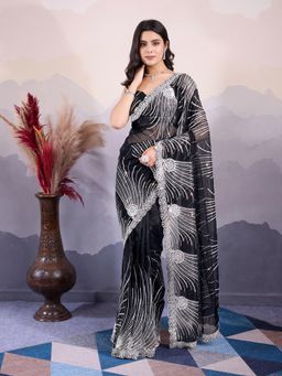 VAIRAGEE - Black Net Embroidered Saree with Unstitched Blouse