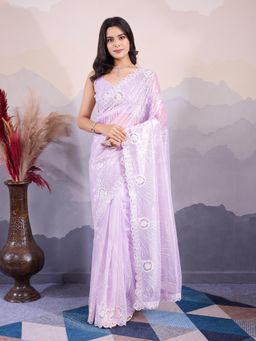 VAIRAGEE - Lavender Net Embroidered Saree with Unstitched Blouse
