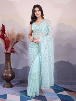 VAIRAGEE - Blue Net Embroidered Saree with Unstitched Blouse