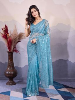 VAIRAGEE - Turquoise Net Embroidered Saree with Unstitched Blouse