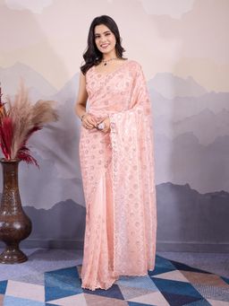 VAIRAGEE - Peach Net Embroidered Saree with Unstitched Blouse