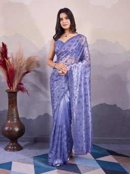 VAIRAGEE - Purple Net Embroidered Saree with Unstitched Blouse