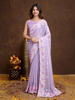 VAIRAGEE - Lavender Organza Embroidered Saree with Unstitched Blouse