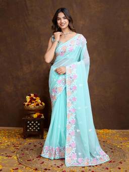 VAIRAGEE - Blue Organza Embroidered Saree with Unstitched Blouse