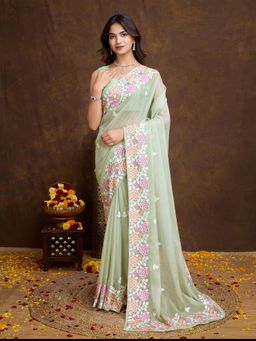 VAIRAGEE - Olive Organza Embroidered Saree with Unstitched Blouse