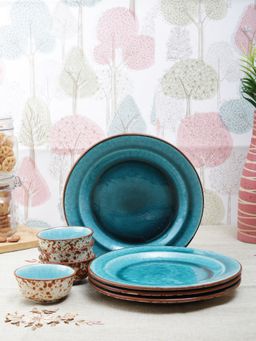 VarEesha - Peacock Green Hand Painted Ceramic 8 Pieces Dinner Set- Dinner Plates & Katori Bowls