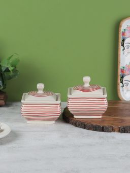 VarEesha - Parikrama Red Spiral Square Ceramic Bowls With Lids - Set of 2 - Small