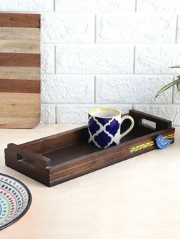 VarEesha - Hand Painted Blue Bird Rectangular Mango Wood Tray - Neel Collection