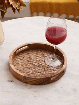 VarEesha - Hand Crafted Acacita Wood Bamboo Base Round Tray