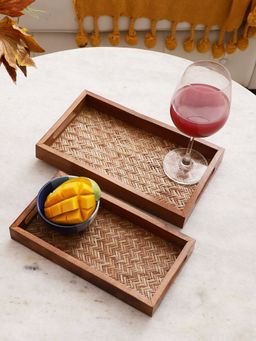 VarEesha - Hand Crafted Acacia Wood Bamboo Base Rec Trays Set