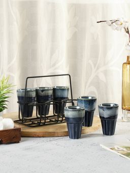 VarEesha - Leher Inky Blue Ceramic Cutting Chai Tea Glasses With Holder - Set of 6