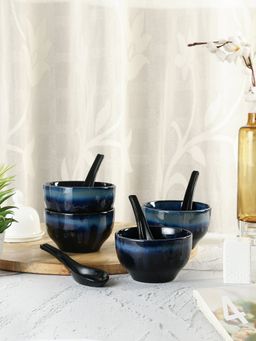 VarEesha - Leher Inky Blue Ceramic Soup Bowls With Spoons Set of 4