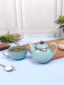 VarEesha - Hand Painted Drip Border Tranquil Blue Ceramic Kettle With Cup