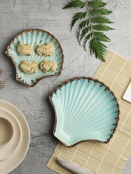 VarEesha - Tranquil Blue Ceramic Sea Shell Serving Platters Set of 2