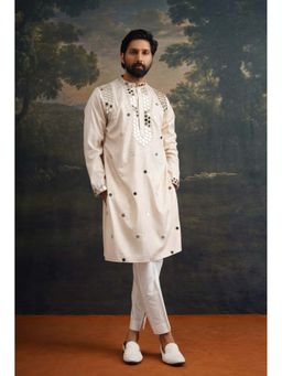 THETAA - Ivory Gold Hand Embroidered Mirror Work Kurta with Pyjama
