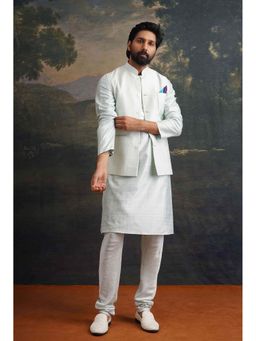 THETAA - Hand Embroidered Mint Green Nehru Jacket with Kurta and Pyjama