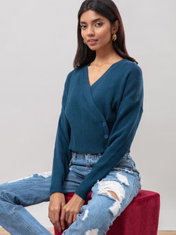 Twenty Dresses by Nykaa Fashion - Blue Solid V Neck Wrap Cardigan