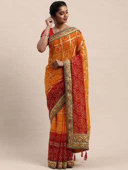 Vastranand - Orange & Red Poly Georgette Checked Bandhani Celebrity Saree with Unstitched Blouse