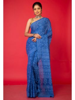 Unnati Silks - Blue Pure Block Printed Superfine Mulmul Cotton Saree with Unstitched Blouse