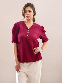 Zink London - Womens Maroon Textured Half Sleeves Top