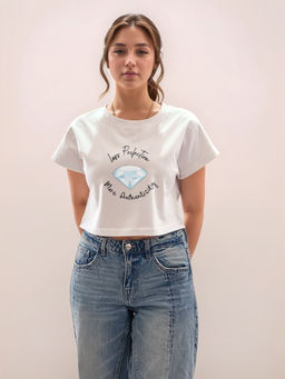 Zink London - Women White Typography Half Sleeves T-Shirt