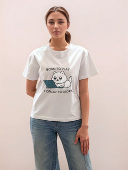 Zink London - Women White Printed Half Sleeves T-Shirt