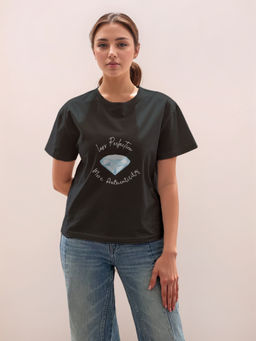 Zink London - Women Black Typography Half Sleeves T-Shirt