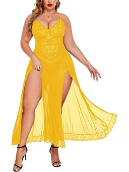 XIVIR - Chemise Mesh Sleepwear Sling Dress Sexy Babydoll - Yellow