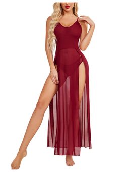 XIVIR - Womens Lingerie Lace Babydoll Strap Chemise Mesh Sleepwear Outfits - Maroon