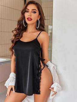 XIVIR - Women Babydoll Lace Chemise Sleepwear Lingerie Set with Panty - Black