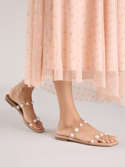 Twenty Dresses by Nykaa Fashion - Beige Transparent Dual Strap Pearl Slider Flats
