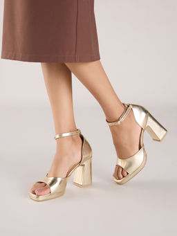 Twenty Dresses by Nykaa Fashion - Gold Metallic Classic Ankle Strap Block Heels