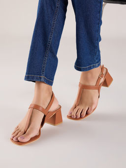 Twenty Dresses by Nykaa Fashion - Tan Self Textured T Strap Block Heels