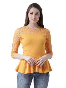 KASSUALLY - Yellow Net Sleeve Peplum Top