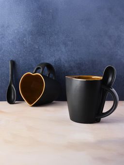 Simply Soho - Black handcrafted ceramic mugs with a built-in spoon holder (Pack of 2)