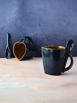 Simply Soho - Navy Blue handcrafted ceramic mugs with a built-in spoon holder (Pack of 2)