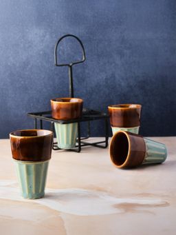 Simply Soho - Aqua ceramic Tea glasses with Metal Stand