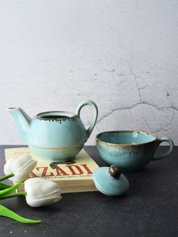 Simply Soho - Blue handcrafted ceramic teapot and cup set