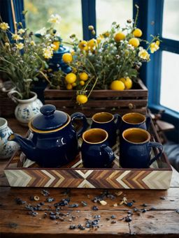 Simply Soho - Blue ceramic teapot with Matching cups and Tray
