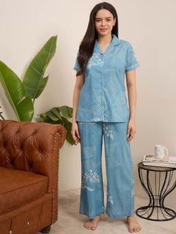 July Nightwear - Women Cotton Blue Shirt & Pyjama