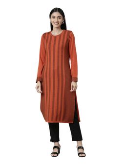 NEERU'S - Orange Regular Woven Knee Length Winter Wear Kurta