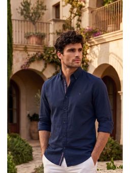 Louis Philippe - Men Navy Blue Slim Fit Solid Full Sleeves Casual Shirt