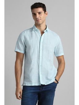 Simon Carter - Men Light Blue Printed Half Sleeves Casual Regular Collar Shirt