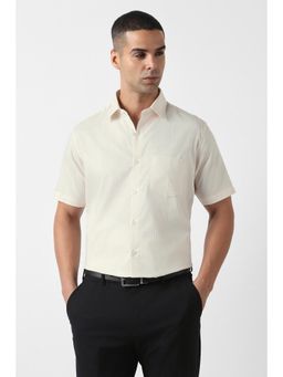 Van Heusen - Men Beige Custom Fit Textured Half Sleeves Shirt