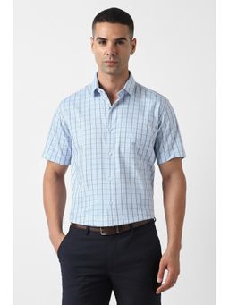 Van Heusen - Men Light Blue Custom Fit Check Half Sleeves Formal Shirt