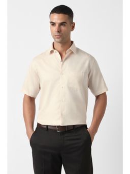 Van Heusen - Men Beige Custom Fit Textured Half Sleeves Formal Shirt
