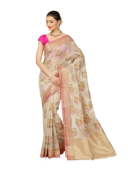 Banarasi Silk Works - Women Beige Handloom Cotton Saree with Unstitched Blouse