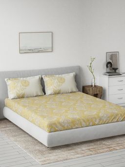 Ddecor Live Beautiful - Cotton Yellow Floral Fitted King Bedsheet with 2 Pillow Covers